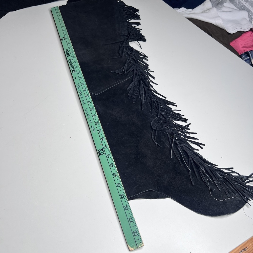 90s Suede Chaps Pants Mens 35x35 Black Fringe Western Belted Cowboy Riding - Picture 10 of 10
